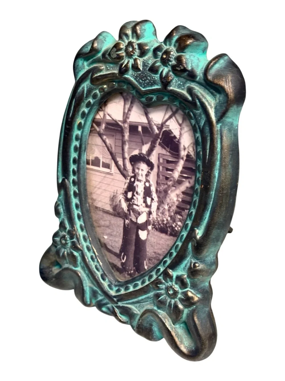Sixtrees 90s Art Nouveau Turquoise Verdigris Gold Gilt Finish Heart Shaped Frame